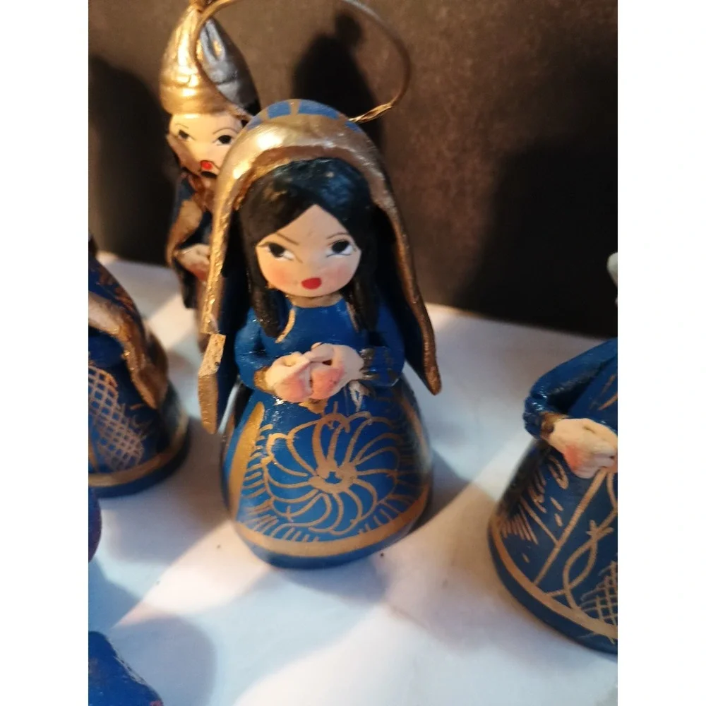 14 Piece Mexican Folk Art Christmas Nativity Set‎ Handpainted Blue Gold